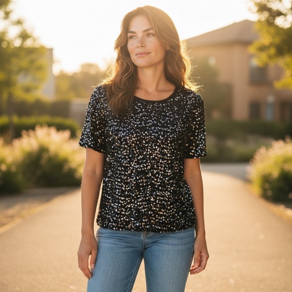 Anna-Kaci Sparkle & Shine Black Sequin Short Sleeve Top Large EUC - Picture 2 of 12